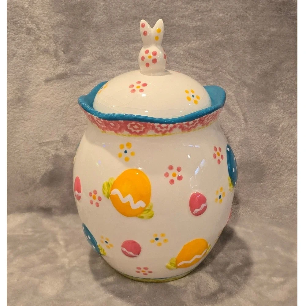 Temp-tations Old World Easter Egg Cookie Jar Bunny Lid Hand Painted Ceramic 10x7